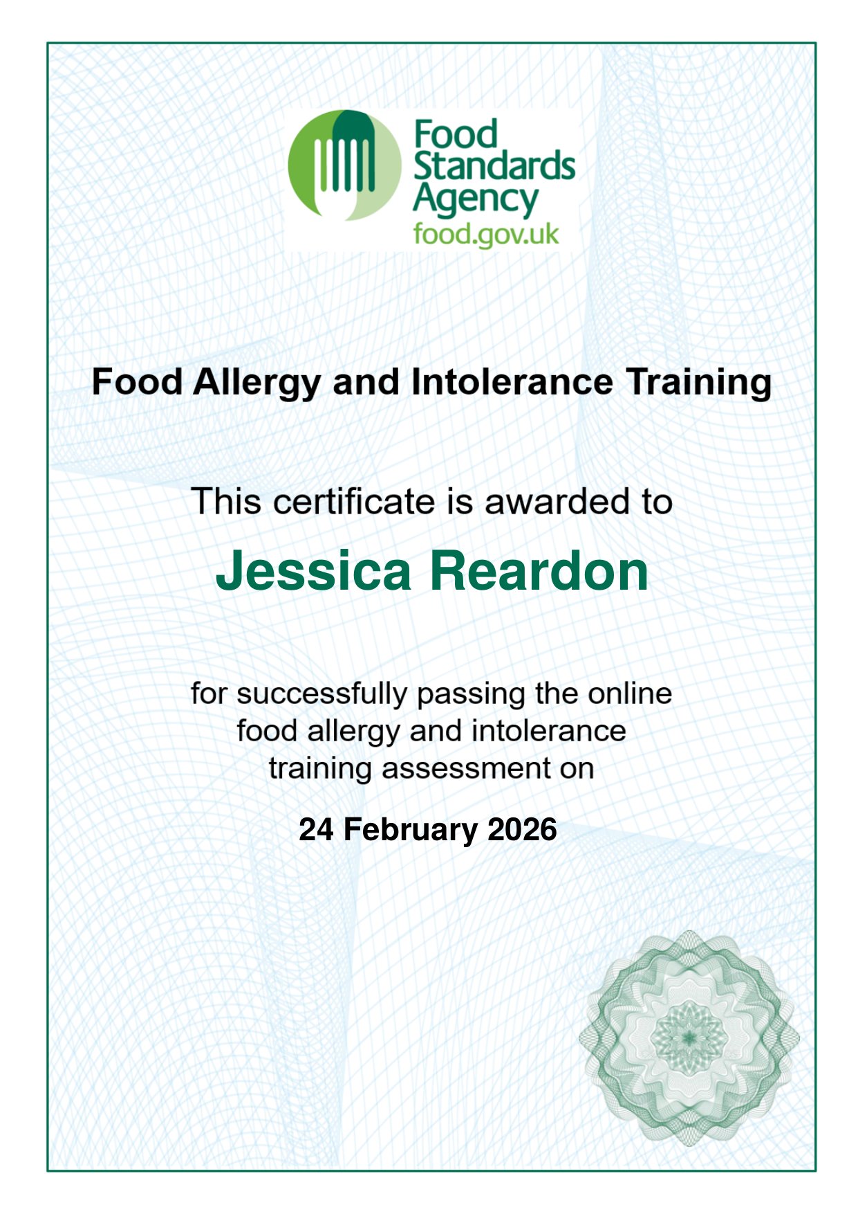 Food Standards Agency Food Allergy and Intolerance Training certificate awarded to Jessica Reardon, 24 February 2026